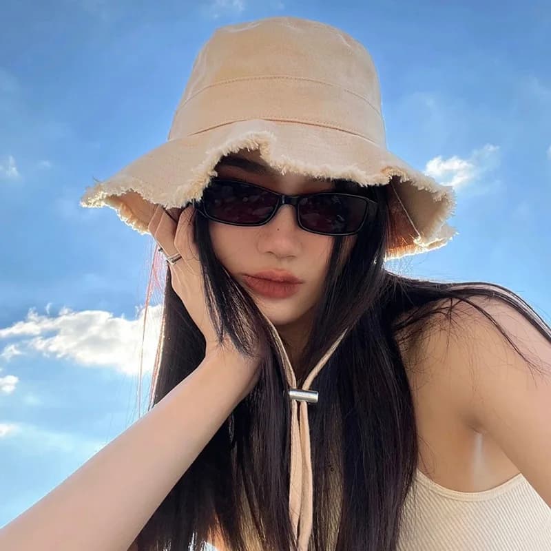 Women Solid Color Sunshade Bucket Hat Soft Cotton Tassel Brim Foldable Fisherman Cap Lady Girl Outdoor Beach Travel Sun Caps