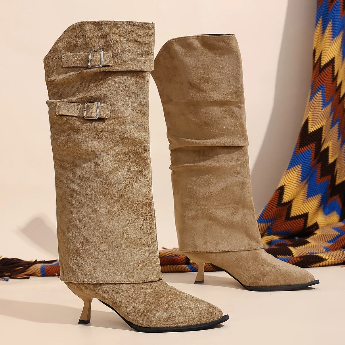 Spicy Girl Studded Pointed-toe Pants-length Vintage Belt Buckle Chunky Heel Biker Boots, Black Wide-leg Slimming Slouch Boots