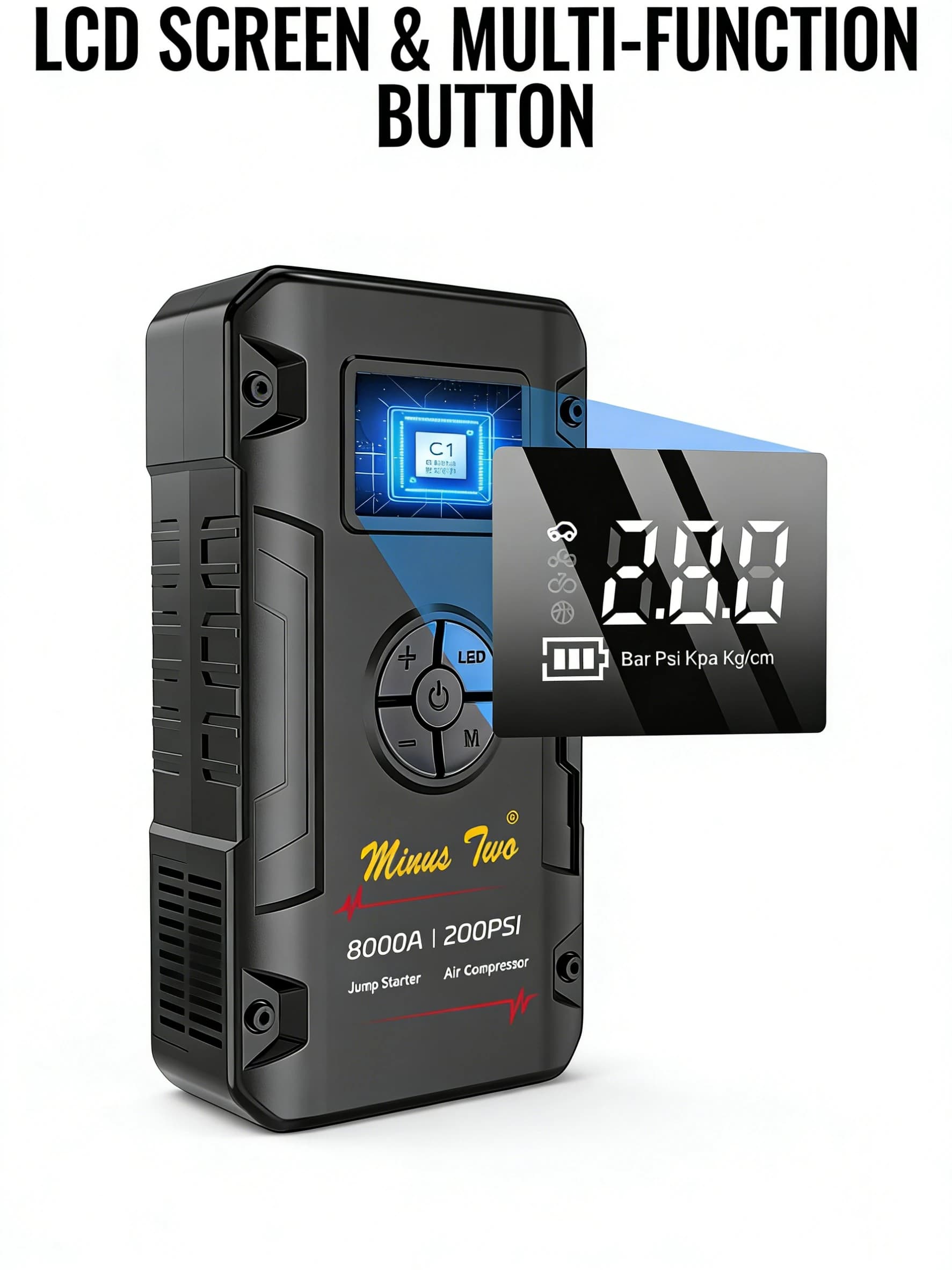 Avviatore di Emergenza per Auto 12V e Gonfiatore Pneumatici – Power Bank Portatile da 8000A