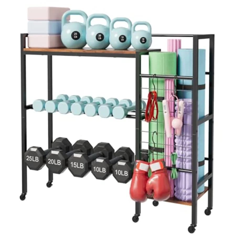 Porta manubri, porta pesi, porta attrezzi da palestra per casa, salvaspazio per manubri, kettlebell, tappetini yoga e altro, per l'organizzazione della palestra domestica