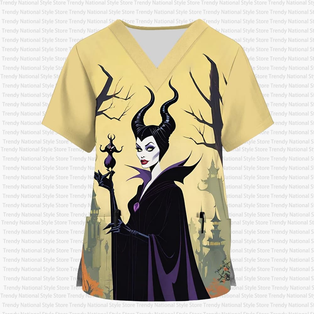 Nuova maglietta da donna Disney Sleeping Devil con scollo a V e tasca, a maniche corte, stampata, uniforme da lavoro per infermiere, per studi dentistici, saloni di bellezza