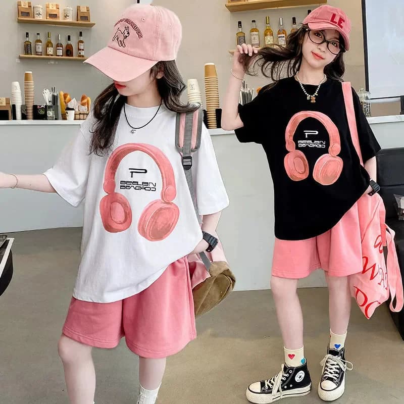 T-shirt per ragazze estive Set Nuovi bambini Top a manica corta + pantaloncini 2 pezzi Abbigliamento per bambini Abiti Abiti casual larghi per adolescenti Tuta sportiva
