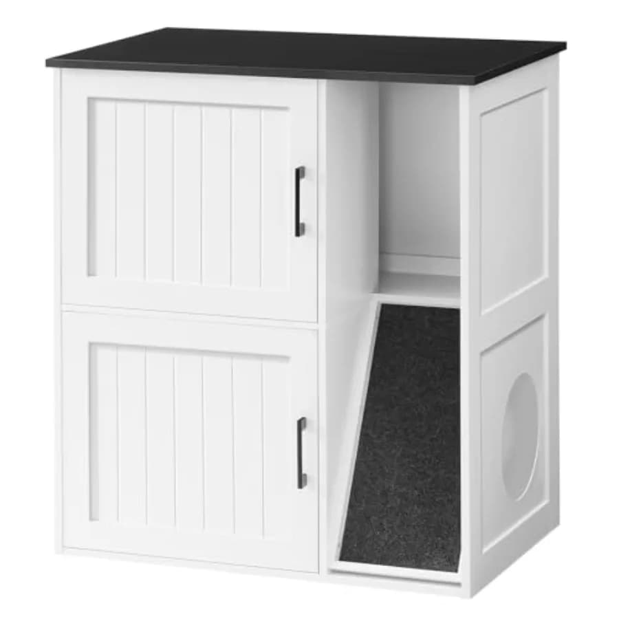 Mobiletto per Lettiera Nascosta per 2 Gatti, Cuccia in Legno da Interno con Tiragraffi, Doppia Lettiera, Tavolino Arredamento Grigio