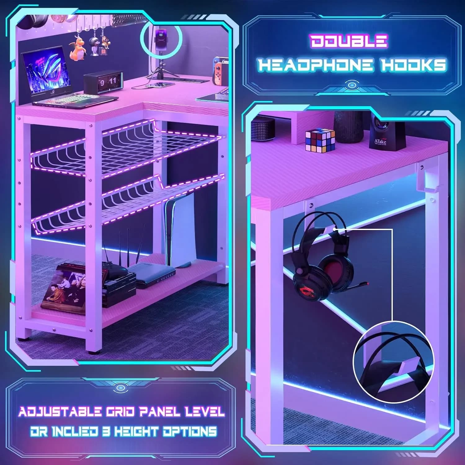 Small Gaming Desk with Power Outlets Pegboard LED Light, 43 Inch L Shaped Computer Desk with Monitor Stand Storage Shelves, Reve