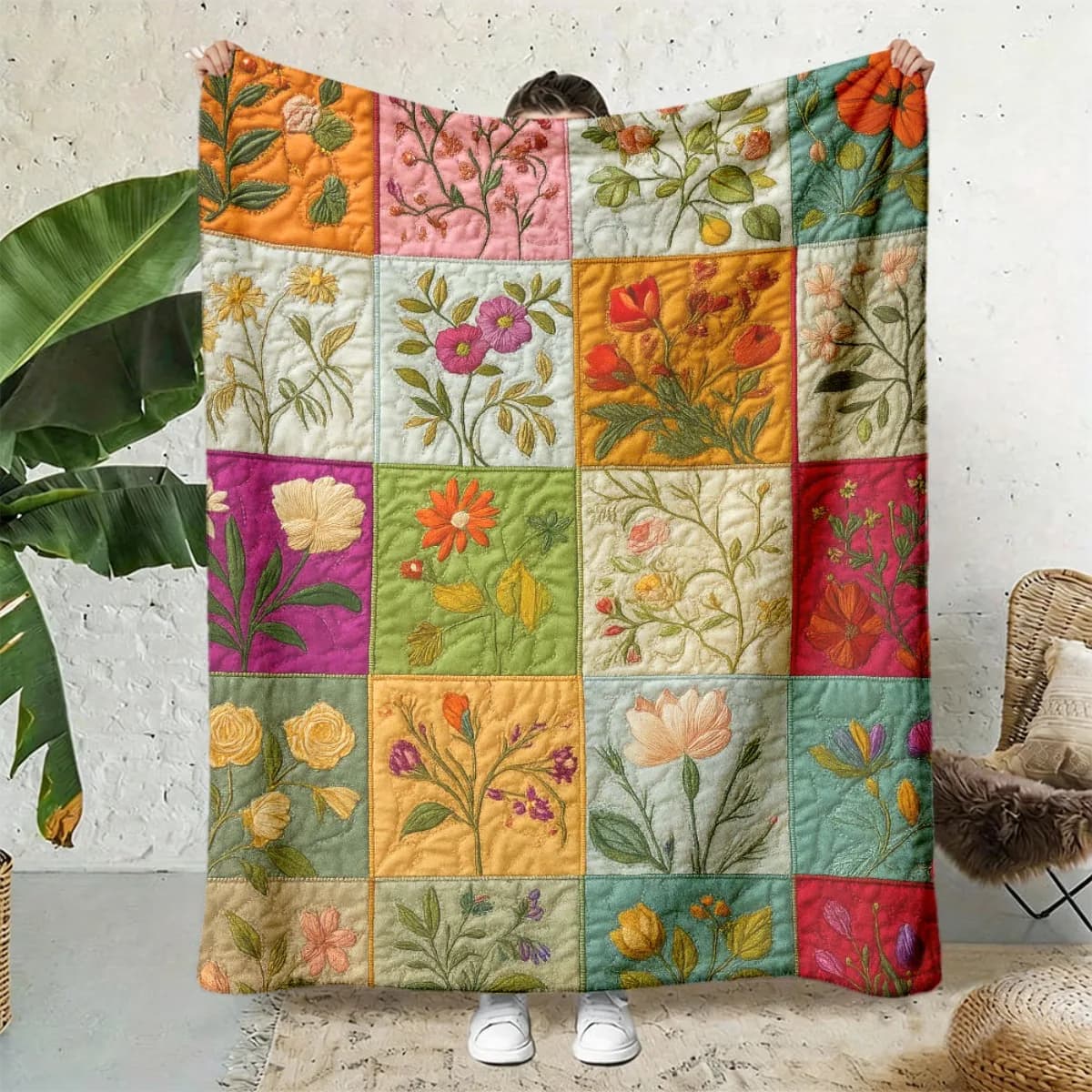 2026 New Arrivals 1pc Green Plant Flower Plaid Pattern Printed Flannel Small Cover Blanket Beautiful Comfortable Warm Nap Blanket Suitable for Sofa Bed Office Car Camping Travel Blanket Home Decor Four Seasons Gif