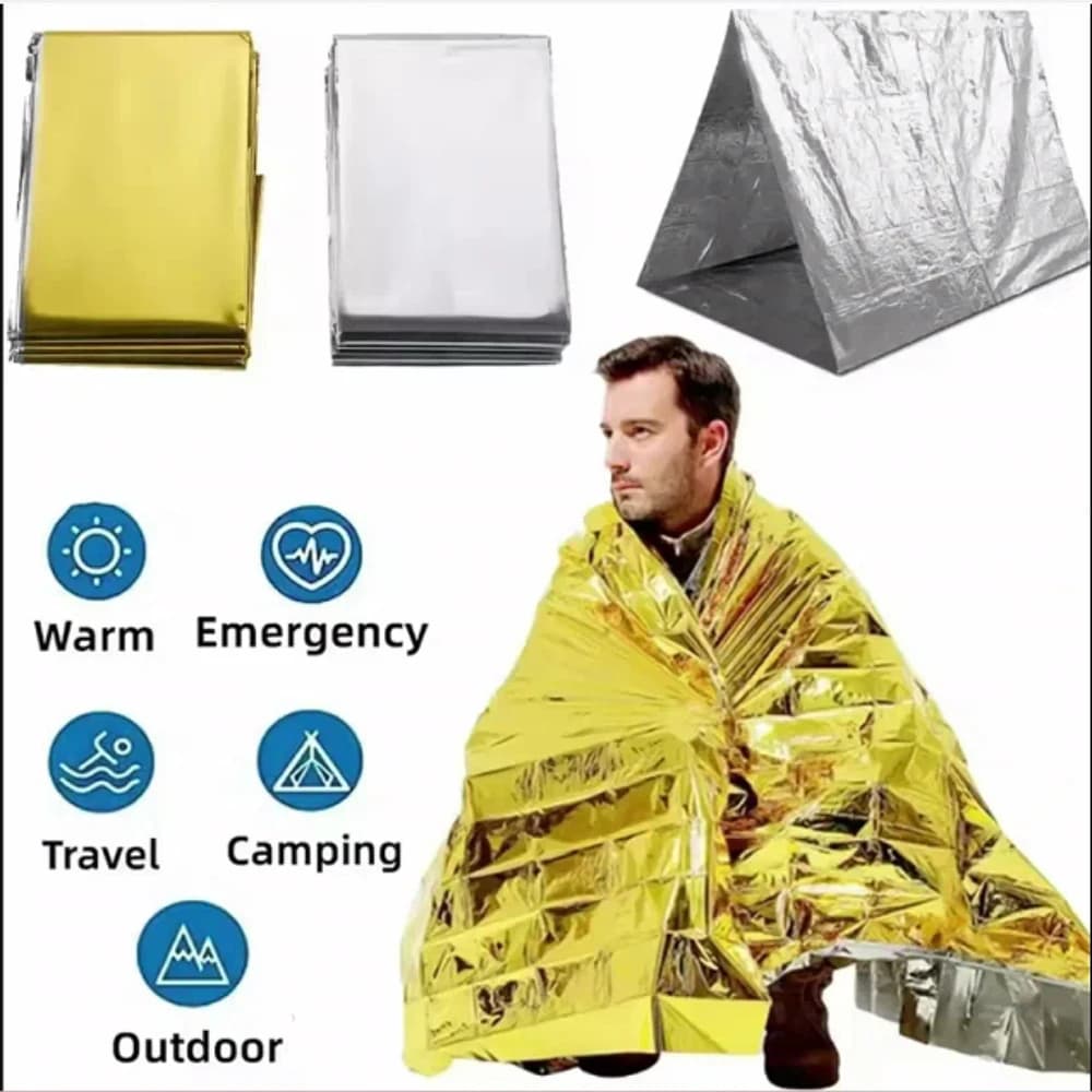Coperta termica di emergenza, leggera, pieghevole, resistente all'acqua, antivento, parasole, riutilizzabile, tappetino da campeggio per pronto soccorso, 130X210 cm
