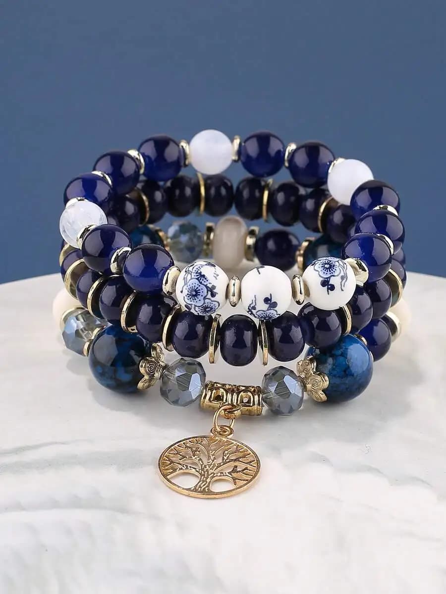 Fashionable 3-piece tree-shaped jewelry bracelet set with assorted bead sizes and quantities