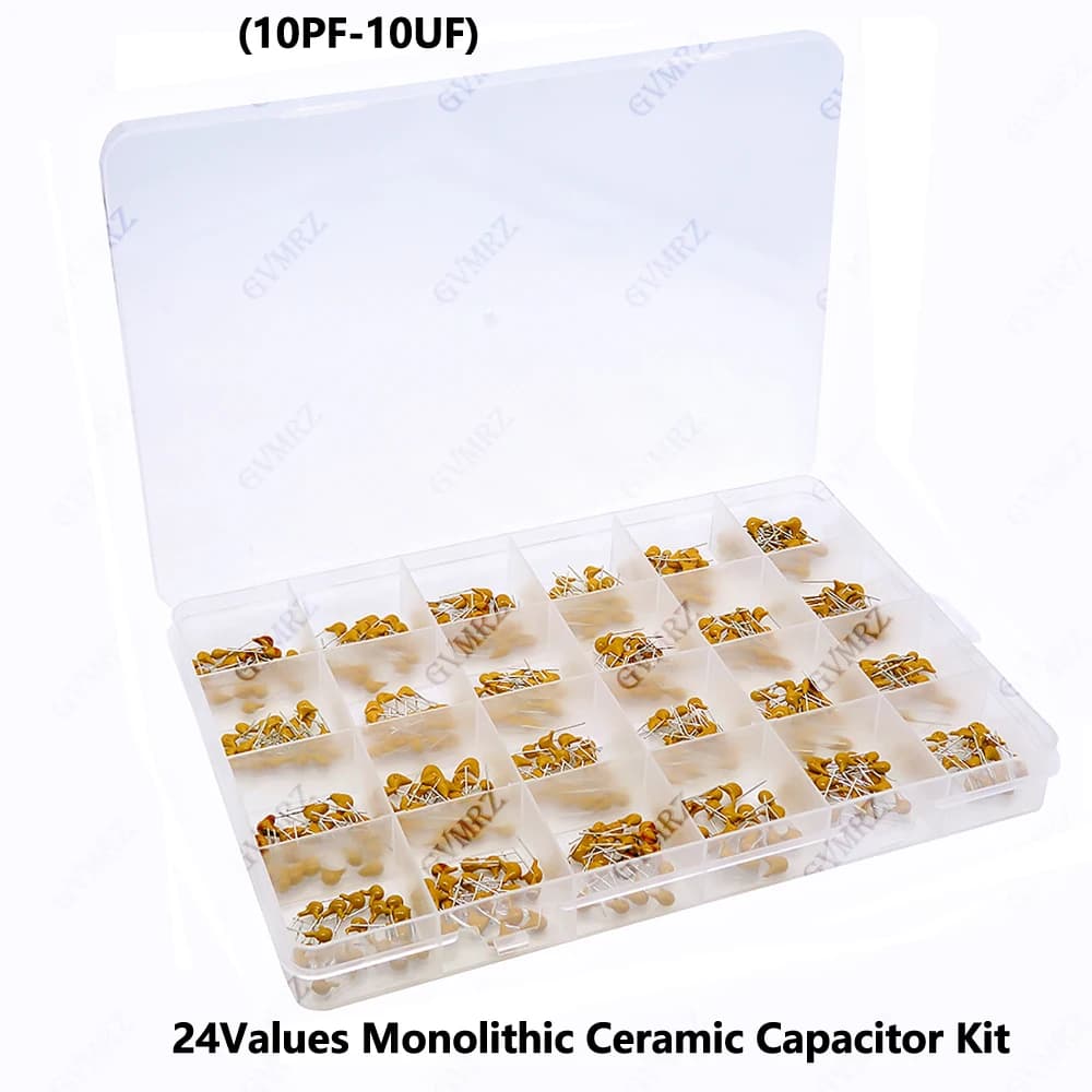 Kit di condensatori ceramici monolitici da 480 pezzi, 24 valori, in scatola, per progetti di accoppiamento di circuiti elettronici e filtraggio dei segnali (10PF-10UF)