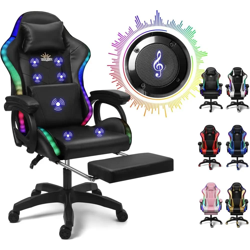 Ergonomic LED Gaming Chair with Speakers and Massage, Perfect for Adults, Teens, and Kids - Ideal for Gaming, Office, and Work (