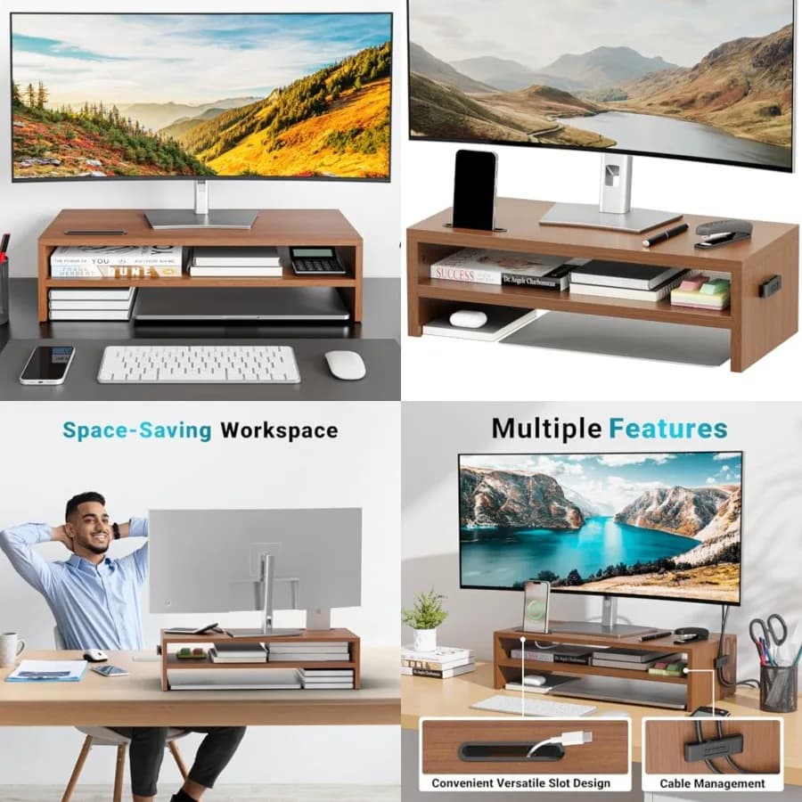Supporto per Monitor in Legno, Organizzatore da Scrivania a 2 Livelli con Spazio di Archiviazione, Supporto Ergonomico per Computer, Gestione Cavi, Porta Cellulare