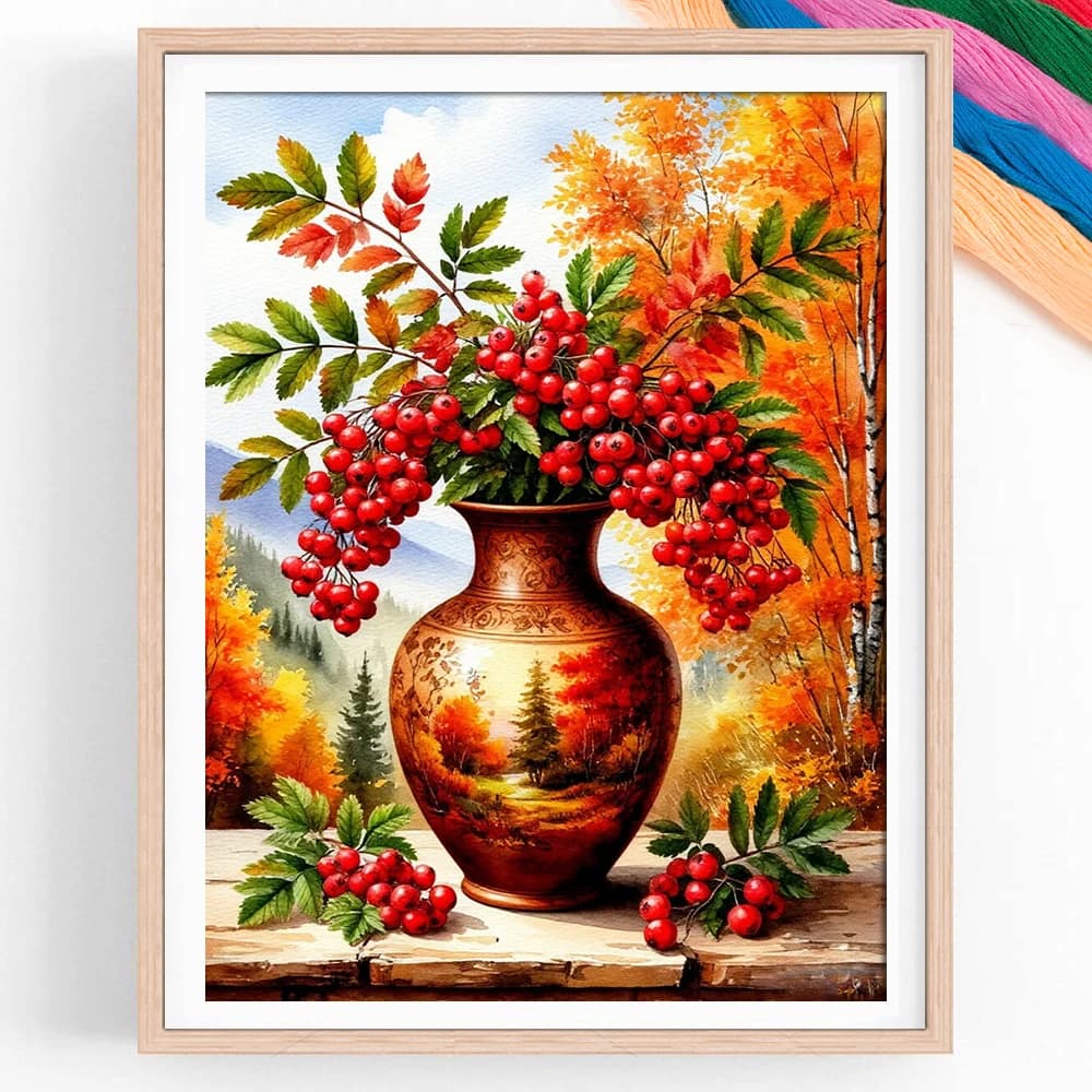 Flower Cross Stitch New DIY 11CT Cotton Thread Printed Red Rowan Berry Branches Vase Embroidery Kits Home Decoration