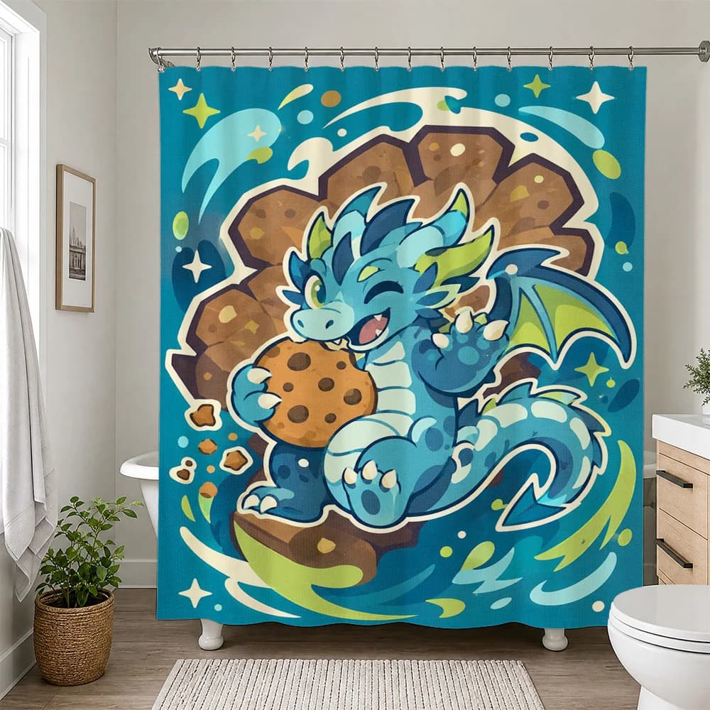 Cute Blue Dragon Shower Curtain Waterproof Bathroom Decor Fun Fantasy Art for Kids and Adults