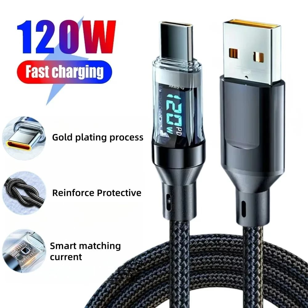 Cavo USB tipo C da 120 W Display digitale a LED Cavo PD Cavo dati in nylon a ricarica rapida per Xiaomi 13 Redmi Samsung Cavo caricabatterie USB C