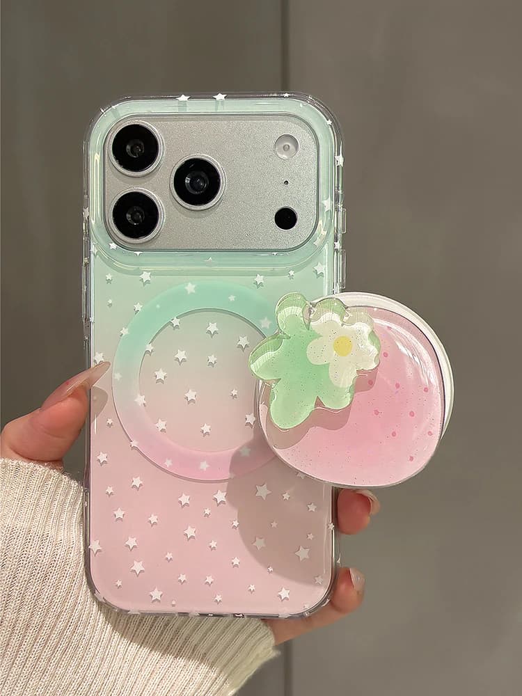 Stylish Strawberry Grip Tok Stand Gradient Stars Phone Case For iPhone 13 14 15 16 17 Pro Max Magnetic Wireless Charging Cover