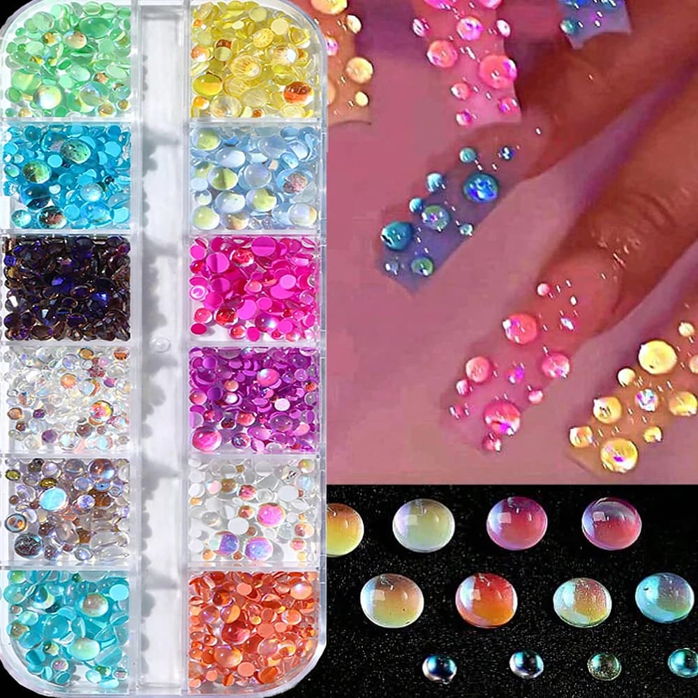 12 Grids Sparkling Aurora Flatback Mermaid Beads Nail Art Charms 3D Crystal Candy Bubble Beads DIY Kid Manicure Decoration Parts
