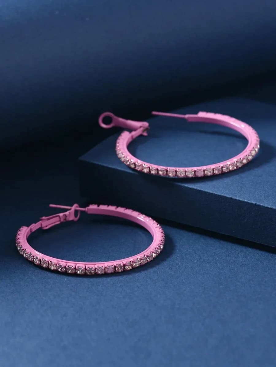 Pink Rhinestone Hoop Earrings For Women, Everyday Wear