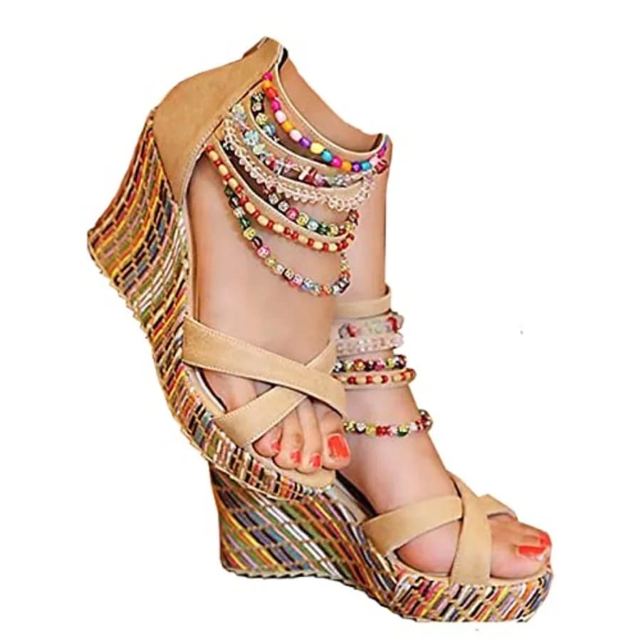 Sandali con zeppa da donna getmorebeauty con perle sulla parte superiore, sandali con plateau e tacco alto
