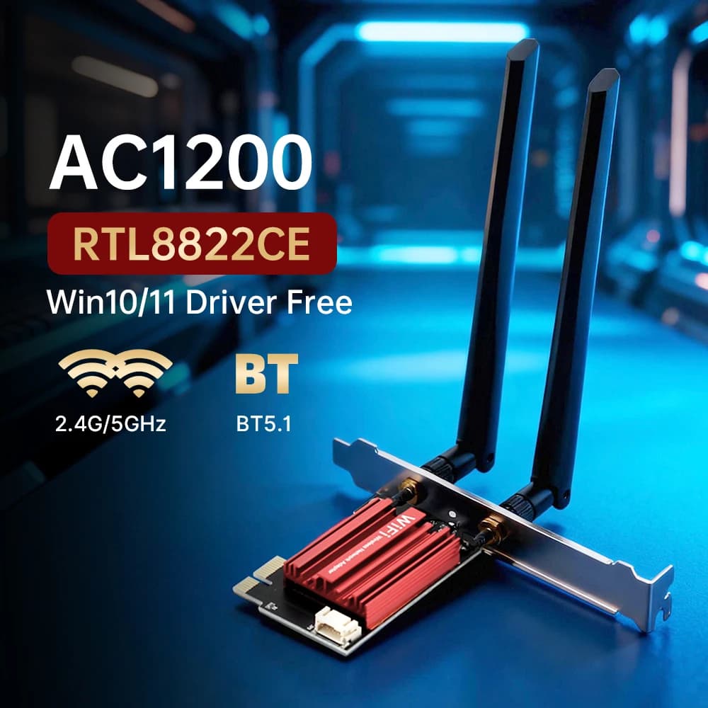 Scheda WiFi PCI-E AC1200 Dual Band con Bluetooth 5.1 RTL8822CE Adattatore di rete wireless desktop con antenne 6dBi per Win10/11