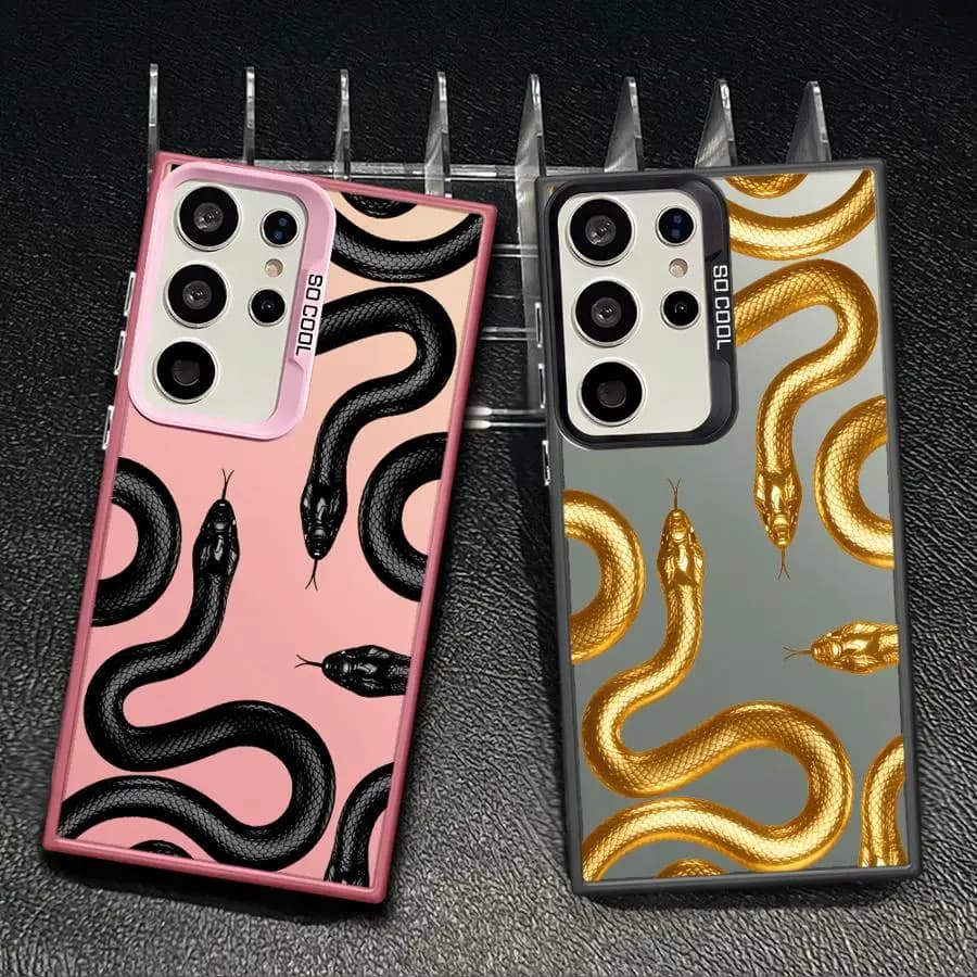 Cover per Samsung Galaxy S26 S23 Note 20 Ultra S25 S23 S24 FE S21 S20 Plus S22, Custodia Posteriore in Metallo con Motivo Serpente