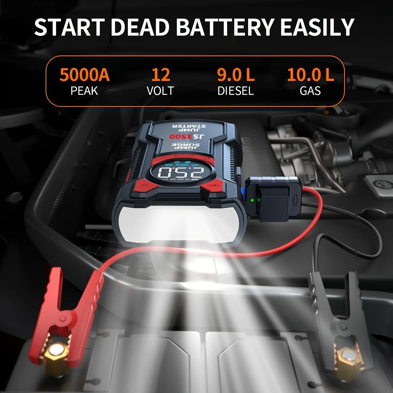 5-in-1 Jump Starter with Digital Tyre Inflator 3000A Peak Box 150PSI Battery Pack for Car Battery