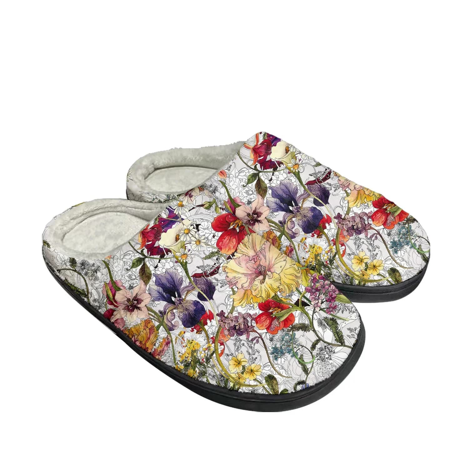 Cotton Slippers for the house with print of rather dark tropical flowers Bedroom in custom plush for men and women Warm shoes Thermal Slippers for interior