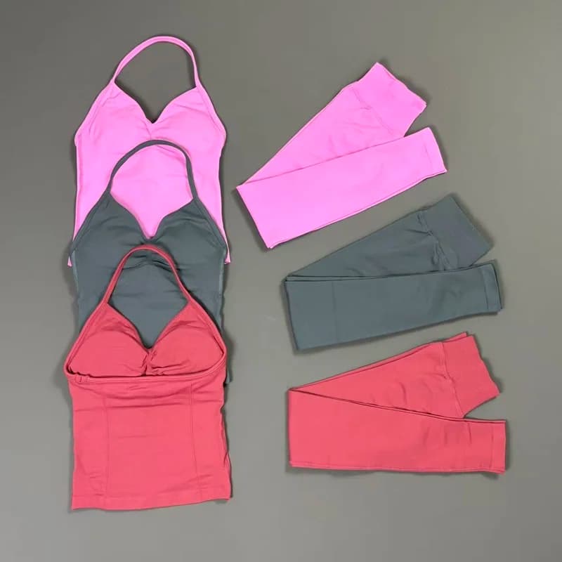 2Pcs Gym Sets Women Seamless Yoga Quick Dry Halter Crop Top Squat Proof Leggings Suit Pilates Workout Running Sports Fitness Set