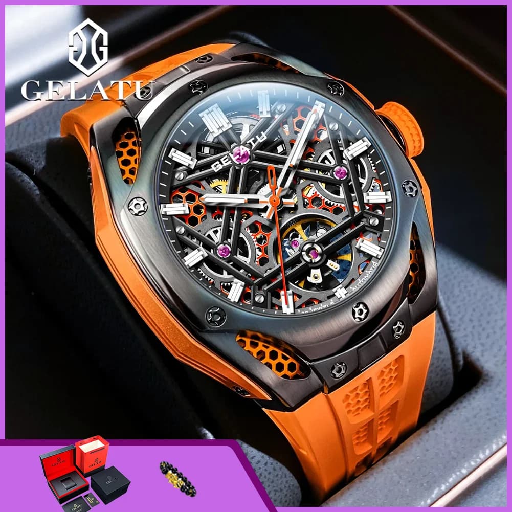GELATU 6008 Orologio Automatico da Uomo Scheletrato, Marca di Lusso Originale, Cinturino in Silicone alla Moda, Impermeabile, Luminoso, Orologio Meccanico Sportivo