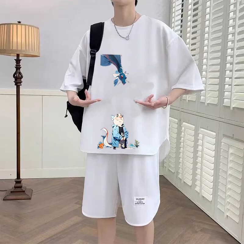 Nuovo Set Estivo Casual Stile Hong Kong INS per Ragazzi Adolescenti, T-Shirt a Maniche Corte e Pantaloncini Trendy in Fibra di Poliestere