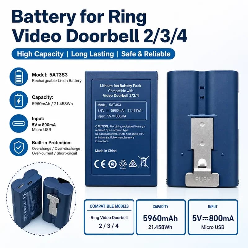 Replacement Battery for Ring Video Doorbell 2 3 4 V4 SM002 Rechargeable Lithium Ion Power Pack Compatible with Smart Home