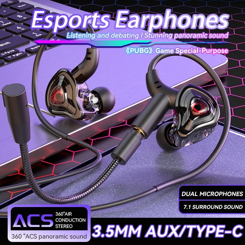ESport gaming headphones with double microphone, 3.5 mm/type C/USB/double 3.5 mm/in-ear plug, 360° surround sound, Hi-Fi stereo headphones wired, PUBG low latency gaming headset