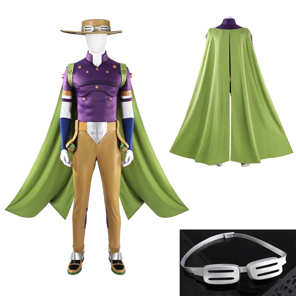 Costume Cosplay Zentai Gyro Zeppeli Anime JoJo's Bizarre Adventure Steel Ball Run Mantello Cappello Cintura Guanti Accessori Outfit