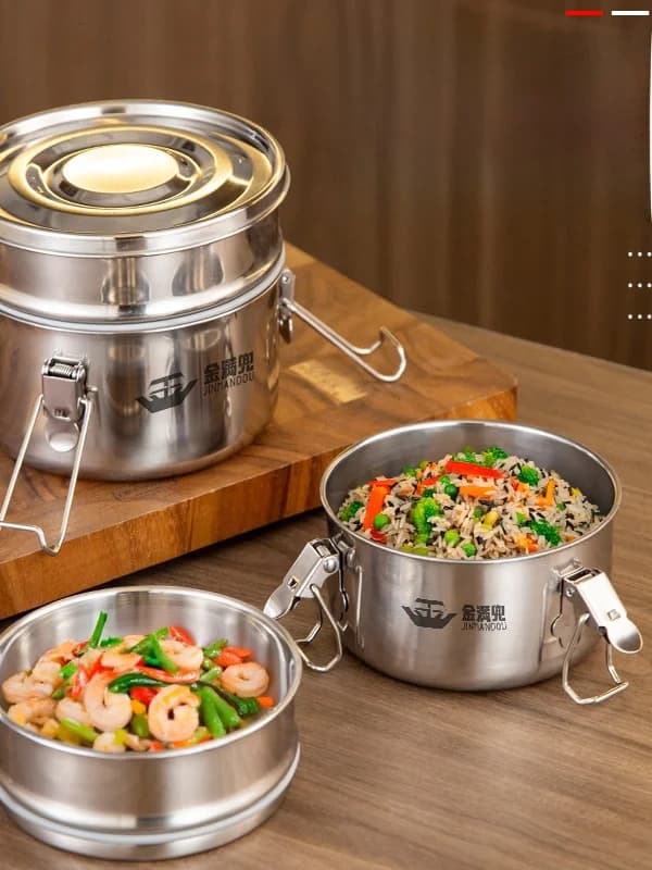 Contenitore per il pranzo a doppio strato in acciaio inossidabile 36, con coperchio, per picnic, frigorifero, facile da pulire, forma rotonda