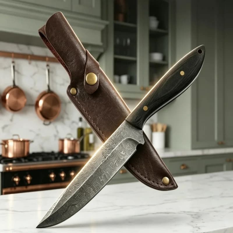 Multipurpose Feather Pattern Stainless Steel Utility Kitchen Knife, Premium Pakkawood Handle with Sheath for Daily Food Prep