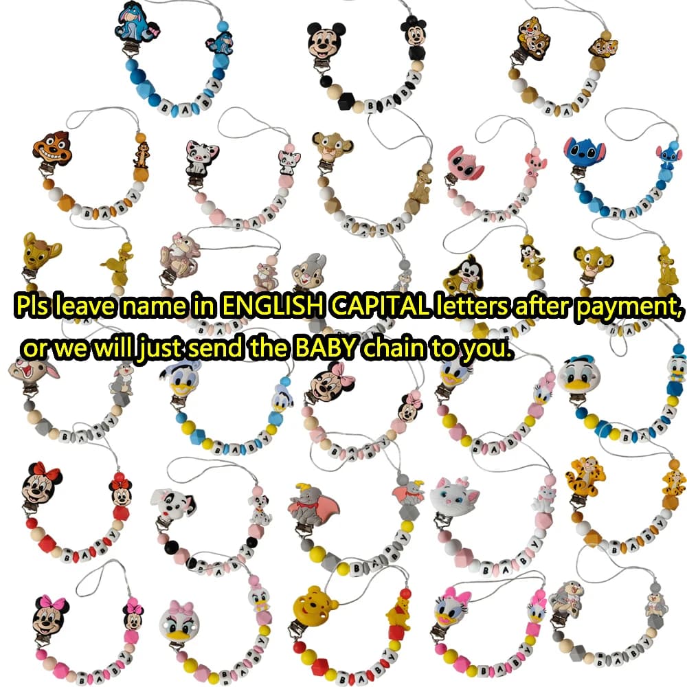 1PC nome personalizzato bambino silicone Miss bunny Stitch marie cat dumbo simba clip ciuccio catene per dentizione pendenti portaciuccio