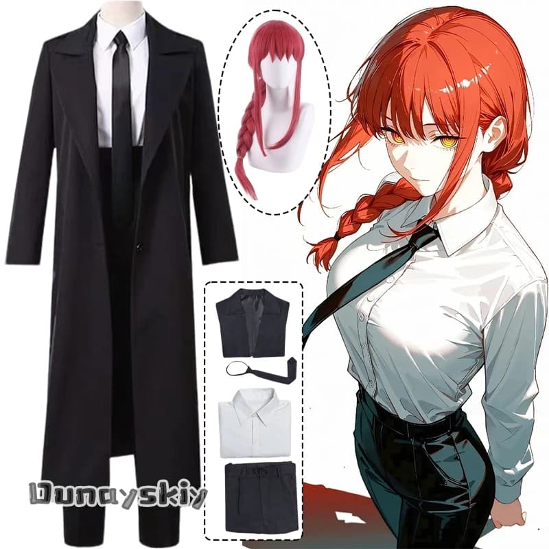 Anime Man Makima Costume Cosplay {Hemera} Halloween Motosega Travestimento Ragazza Costume Makima Parrucca Lunga Treccia Rosso Chiaro Costumi Donna