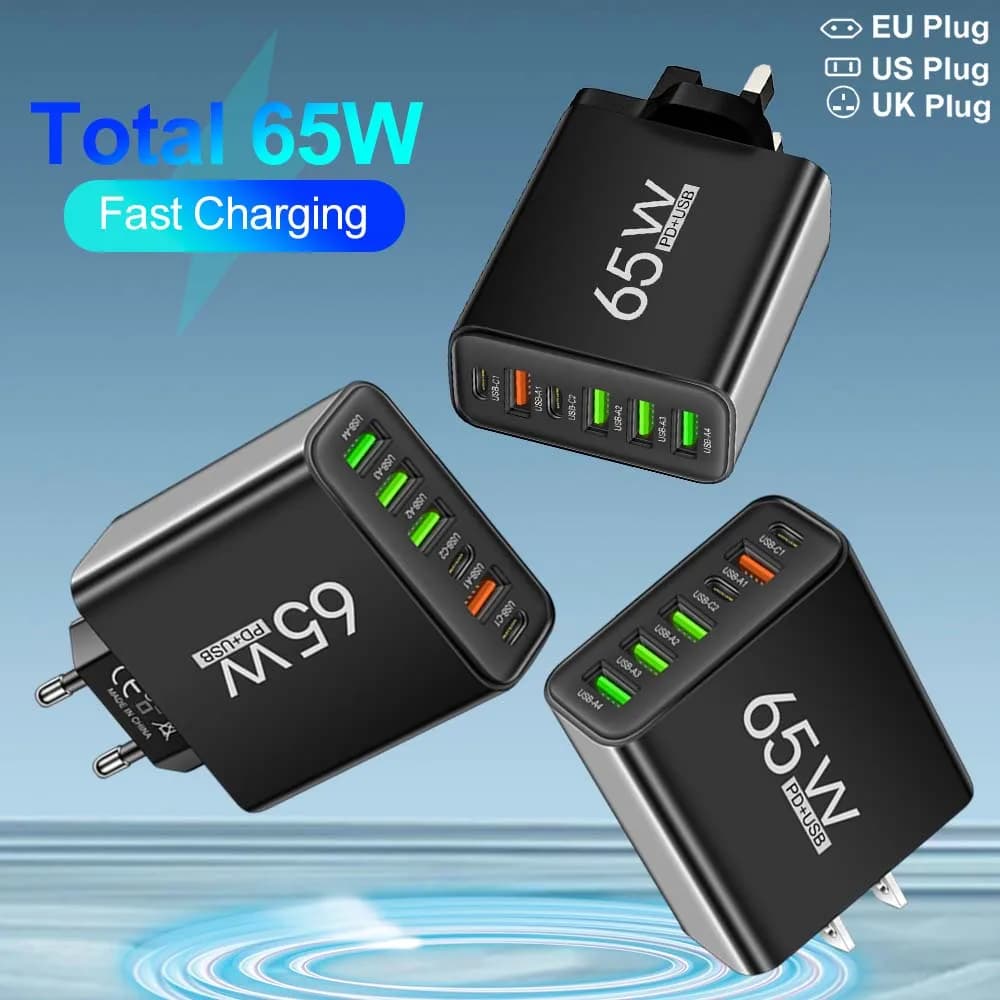 Total 65W USB C Charger 6 Ports Fast Charging Wall Charger for iPhone 15 14 Pro Max Samsung Xiaomi Mobile Phone Charge