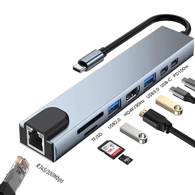 Adattatore da USB-C 3.1 a HDMI 4K con adattatore Ethernet RJ45 100Mbps, lettore di schede SD/TF e ricarica PD 100W per MacBook, notebook e laptop