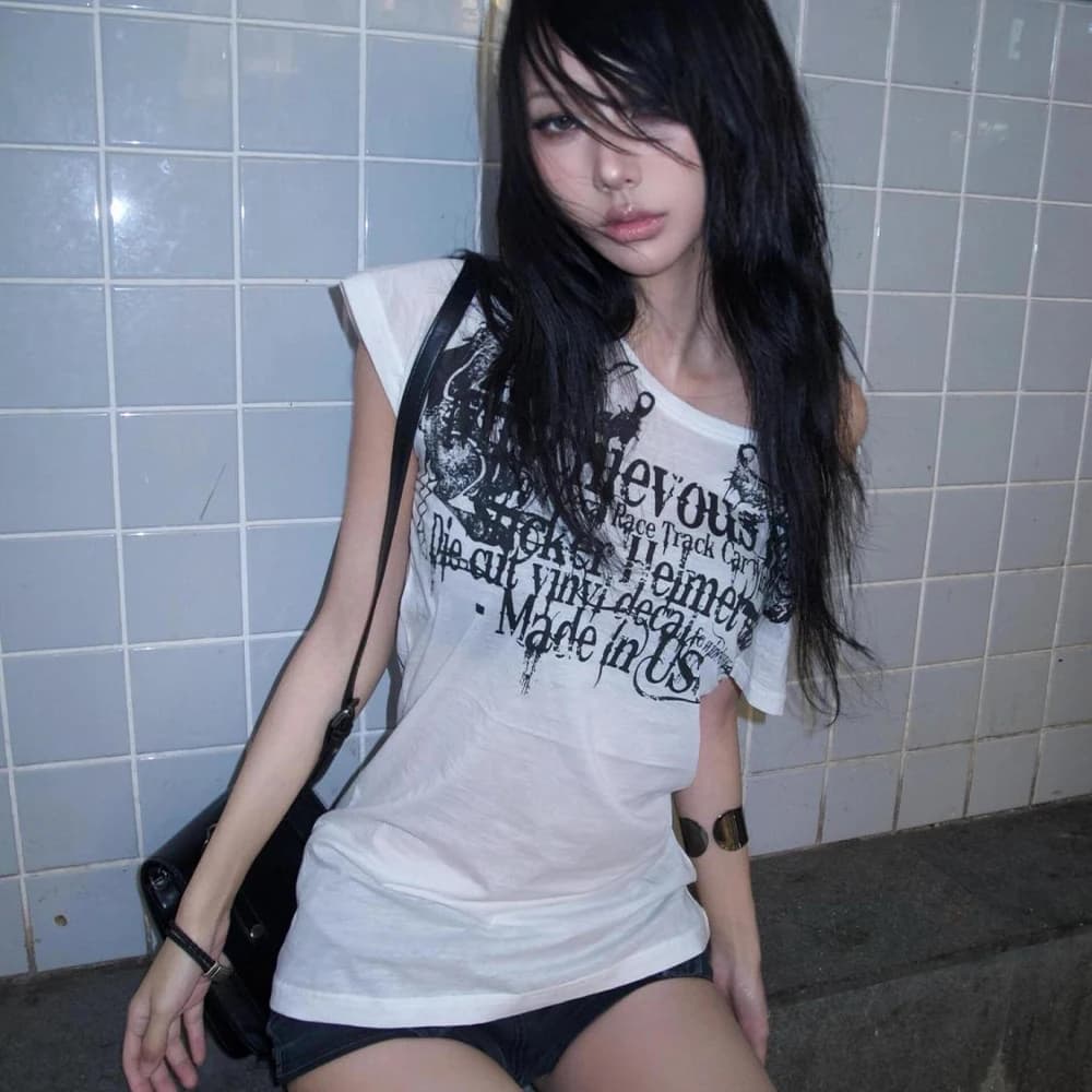 Karrram Japanese Y2K Letter Print T-Shirt Trashy 2000S Style Tattoo T Shirt Vintage Harajuku Short Sleeve Sheer Tops 2025 Goth