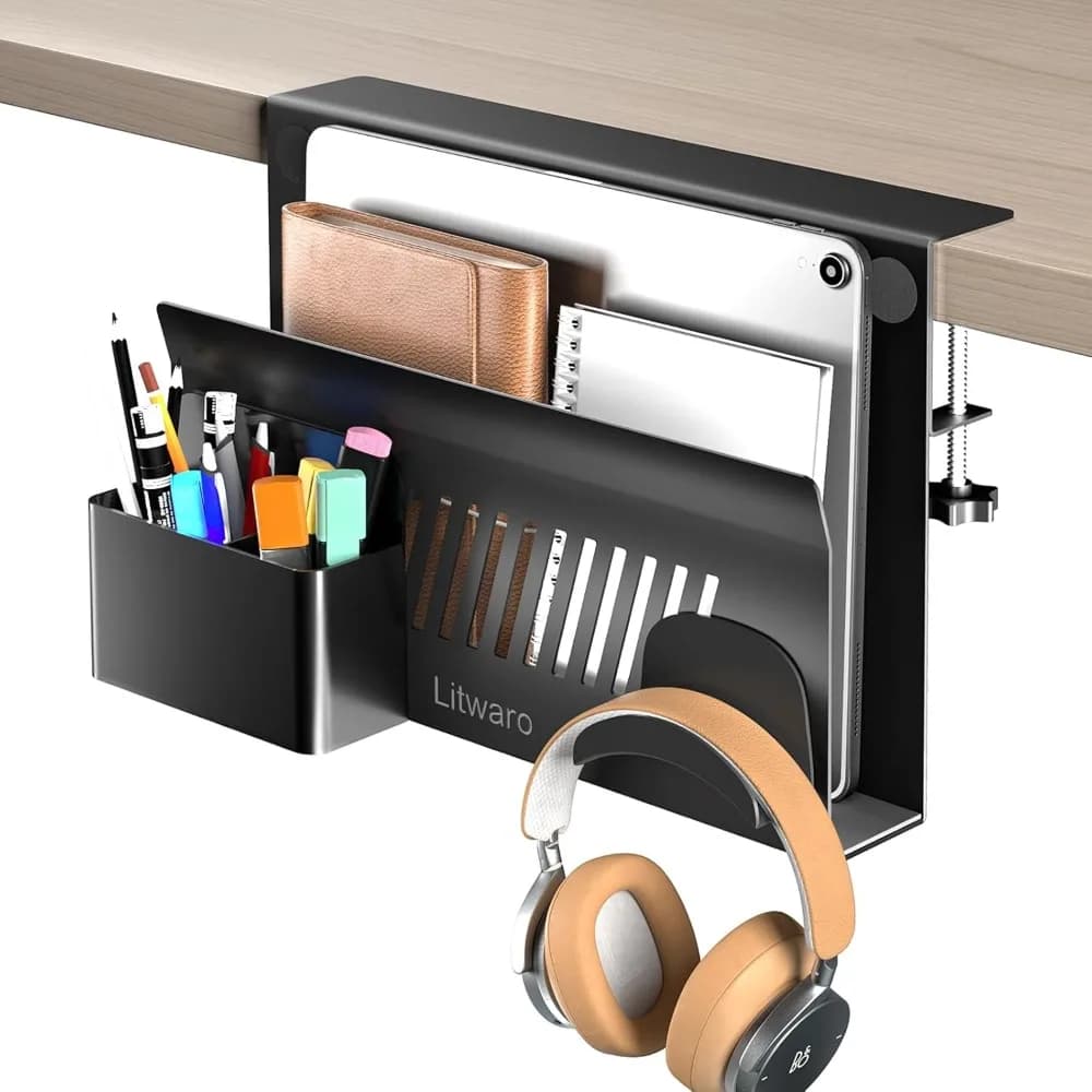 portaoggetti laterale da scrivania, supporto per laptop senza trapano con portapenne magnetico, morsetto su supporto per laptop con supporto adesivo per cuffie, da appendere