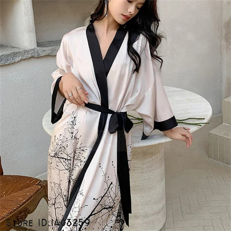 Women's Long Robe Dress Luxury Japanese Kimono Morning Gown Bathrobe Sleepwear Casual Print Satin Home Dressing Gown Loungewear