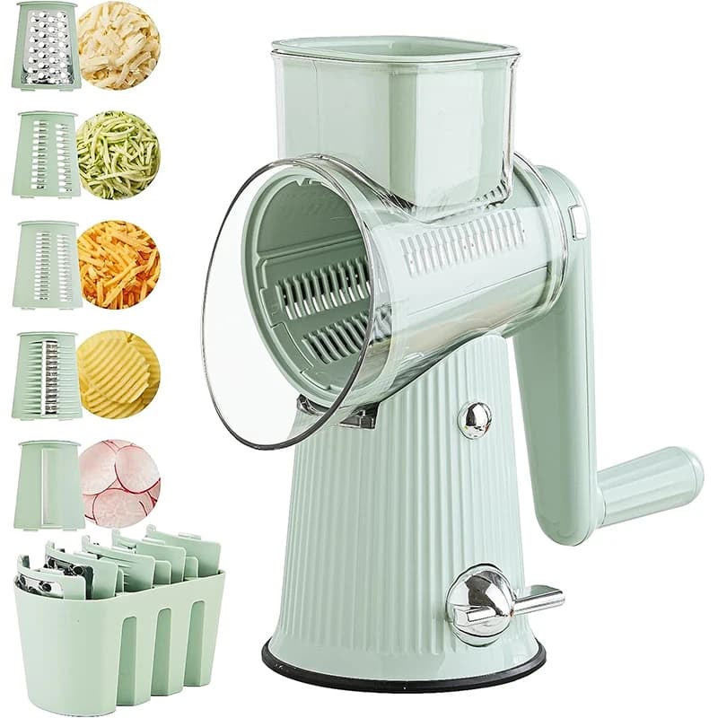 Grattugia rotativa per formaggio 5 in 1 con manico Affettatrice per verdure da cucina Affettatrice per tamburo mandolino rotondo con base di aspirazione JT435