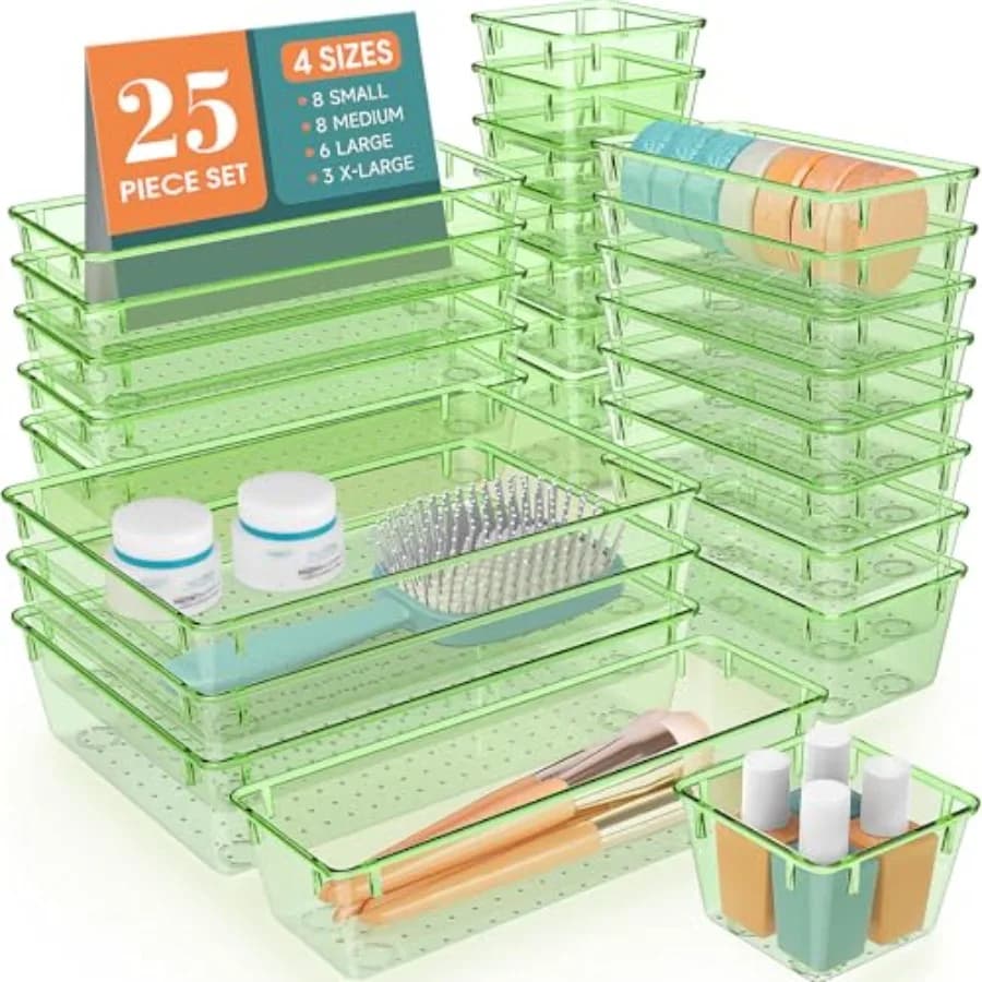 Set di 25 Organizzatori in Plastica per Cassetti, 4 Misure, Divisori e Contenitori per Cassetti da Scrivania, per Trucchi, Gioielli, Gadget, per Cucina