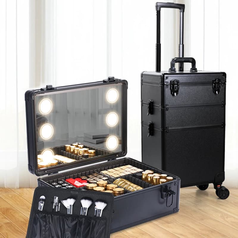 3 in 1 Portable Interchangeable Aluminum Rolling Makeup with led Mirror & Pull Rod - Beauty Tools Organizer