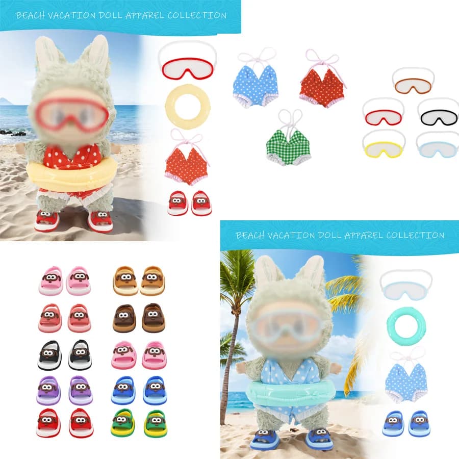 For new accessories for Labubu dolls from 17 cm, multicolored diver glasses, sandals, bathing suit, swimming rings set, baby gift
