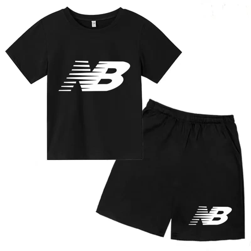 Round neck black t-shirt with summer letters for children + fashionable shorts for baby/child 3-12 years, casual jogging set