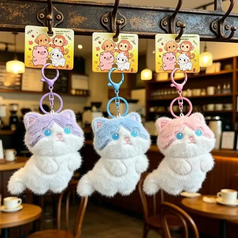 Kawaii Soft Plush Cat Keychain Fluffy Cute Pendant Durable Backpack Purse Charm Ideal Small Gift for Girls Kids