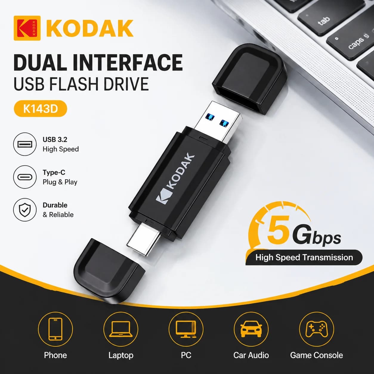 KODAK K143D USB 3.2 e Type-C Flash Drive 128GB 64GB 32GB OTG Pen Drive ad alta velocità Memory Stick per telefono e computer