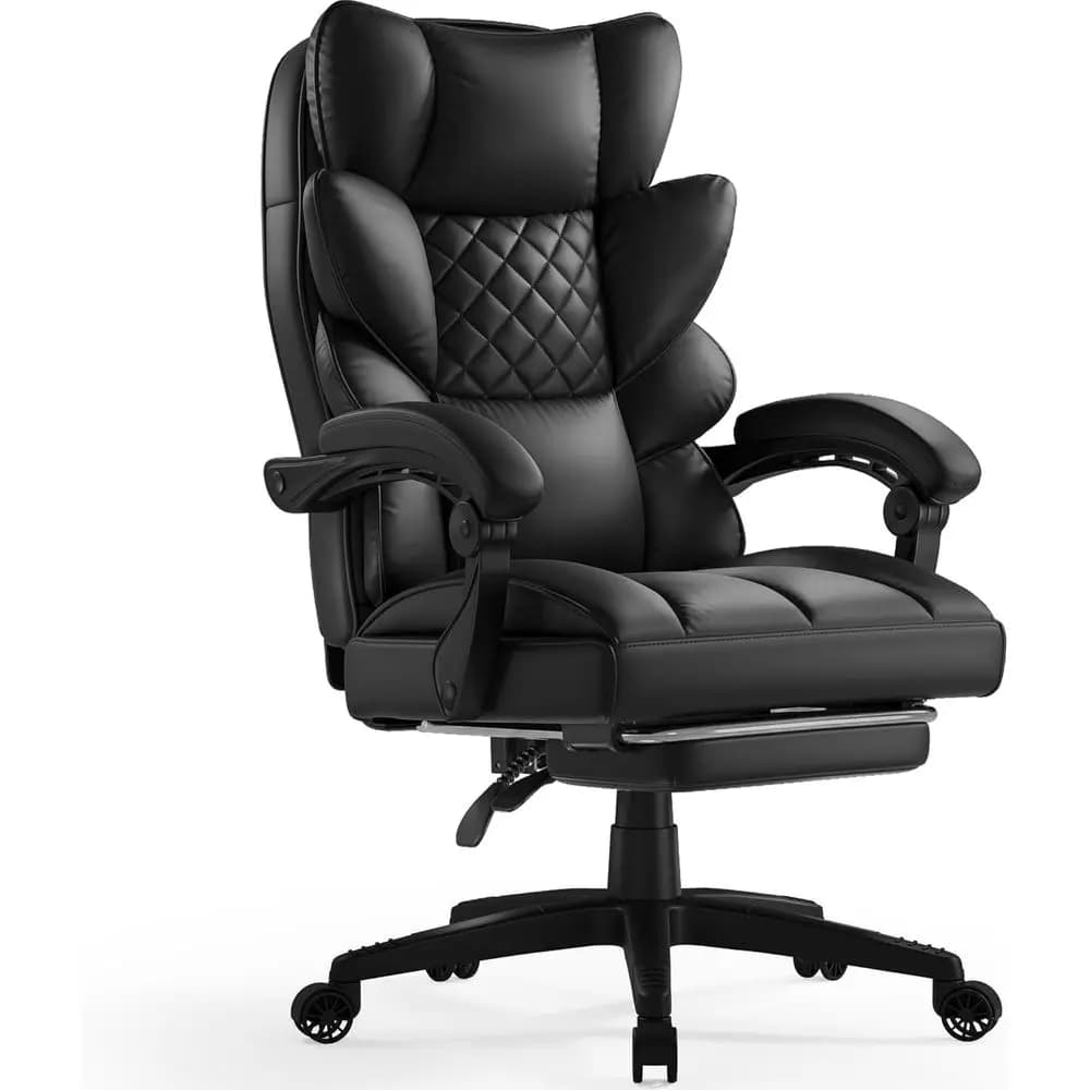 Sedia da gaming ergonomica grande con schienale alto, cuscino a molla e poggiapiedi, in pelle PU nera