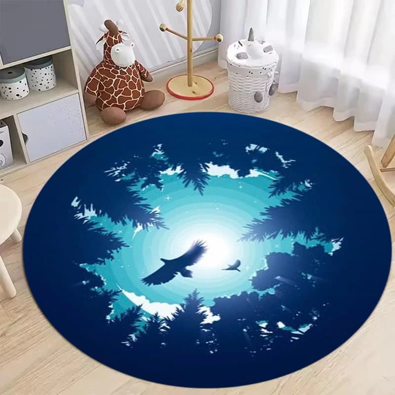 Ocean & Forest Silhouette Pattern Soft Non Slip Washable Round Area Rug Carpet for Kids Bedroom Playroom Home Decor