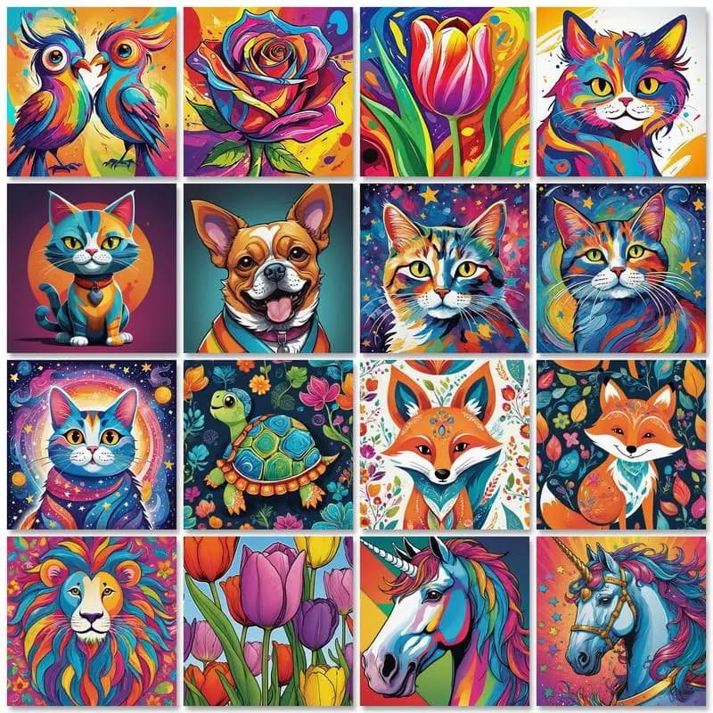 Kit Pittura a Numeri 20x20cm con Cornice, Immagine Astratta di Animali e Fiori, per Adulti e Principianti, Arte Murale Fai da Te